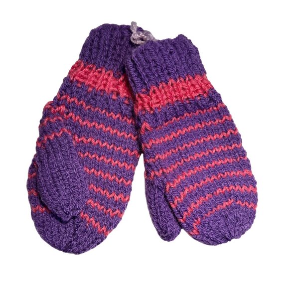 Hand Knitted Mittens Purple & Pink Striped Kids 7" Long New - Picture 1 of 3